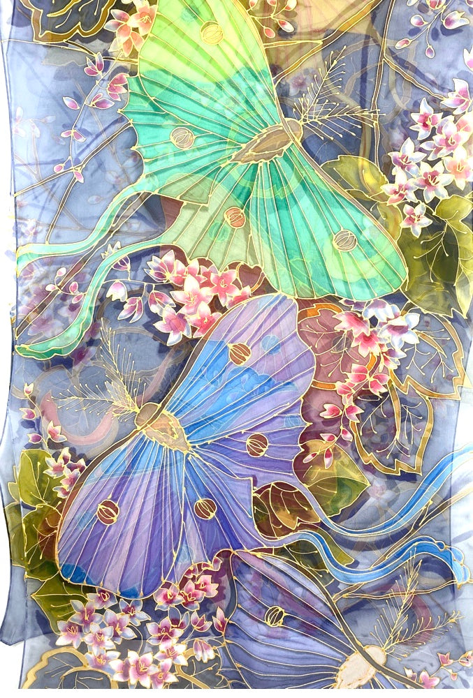 Hand Painted Silk Chiffon Shawl, Rainbow Luna Moth