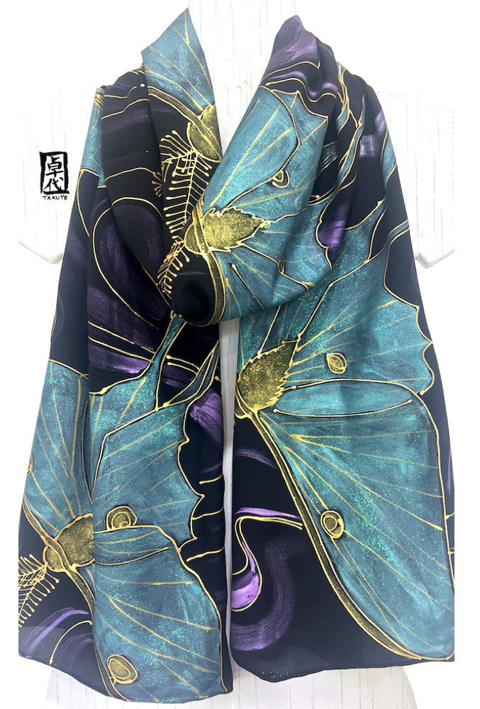 Black Silk Scarf, Green Luna Moth with Crescent Moon – Silk