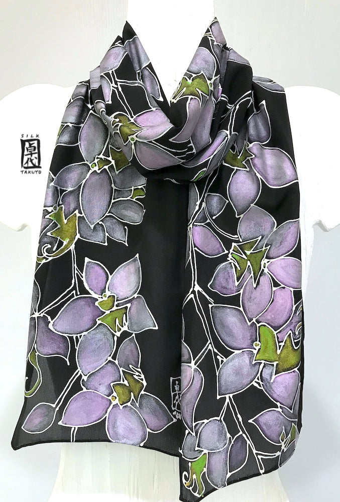 Silk Scarf - Grey, Pink, Black (Chrysanthemums & Cranes)