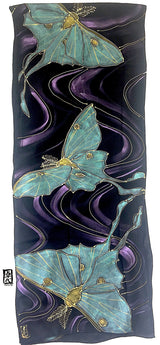 Hand Painted Silk Scarf, Mint Green Luna Moth Scarf, Large Silk Scarf, Crescent Moon with Luna Moth, Silk Scarves Tokyo, 14x72 inches. - Silk Scarves Takuyo