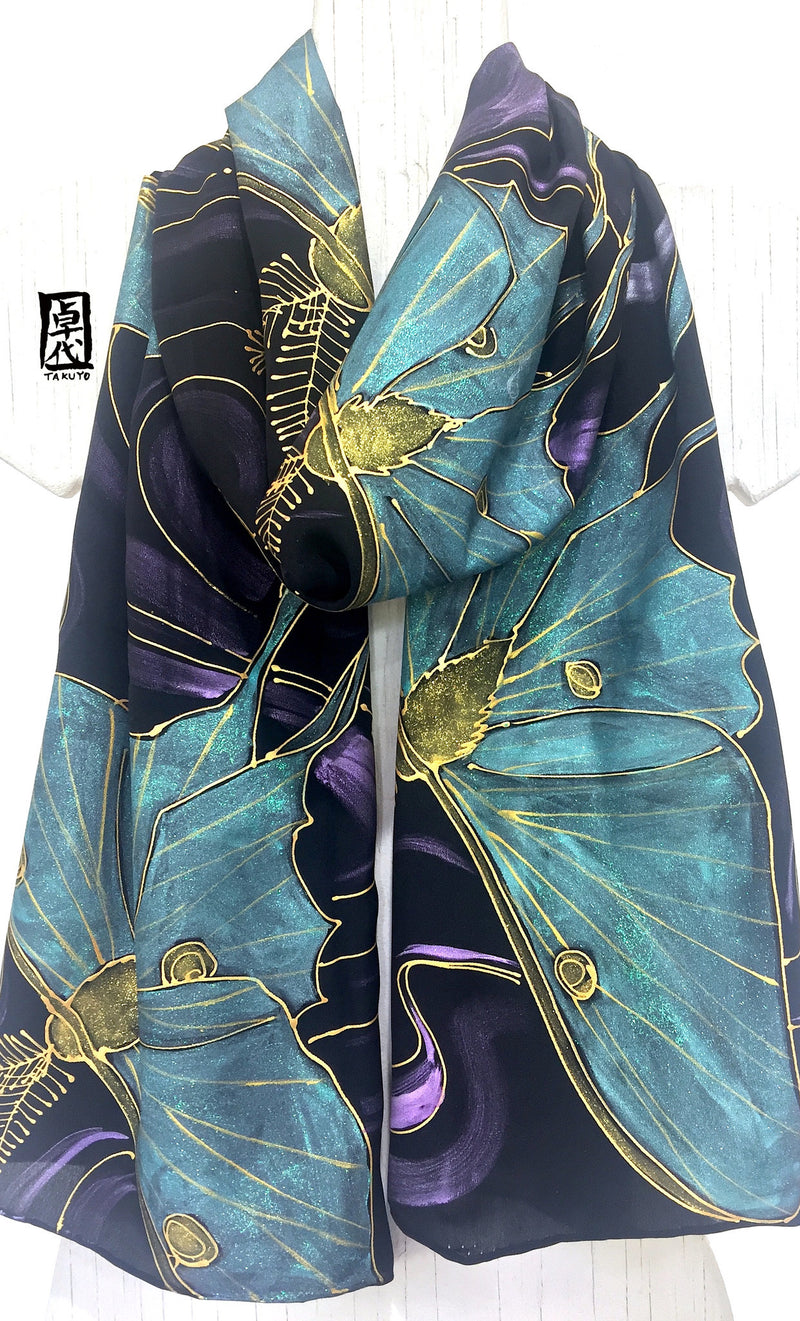 Hand Painted Silk Scarf, Mint Green Luna Moth Scarf, Large Silk Scarf, Crescent Moon with Luna Moth, Silk Scarves Tokyo, 14x72 inches. - Silk Scarves Takuyo