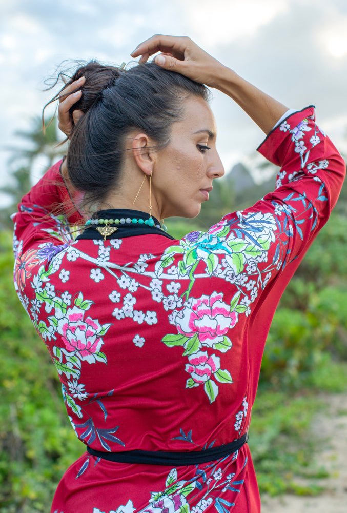 fitted lace wedding dress Japanese Red Floral Long Kimono Robe Large / X-Large / Silk Twill / Black