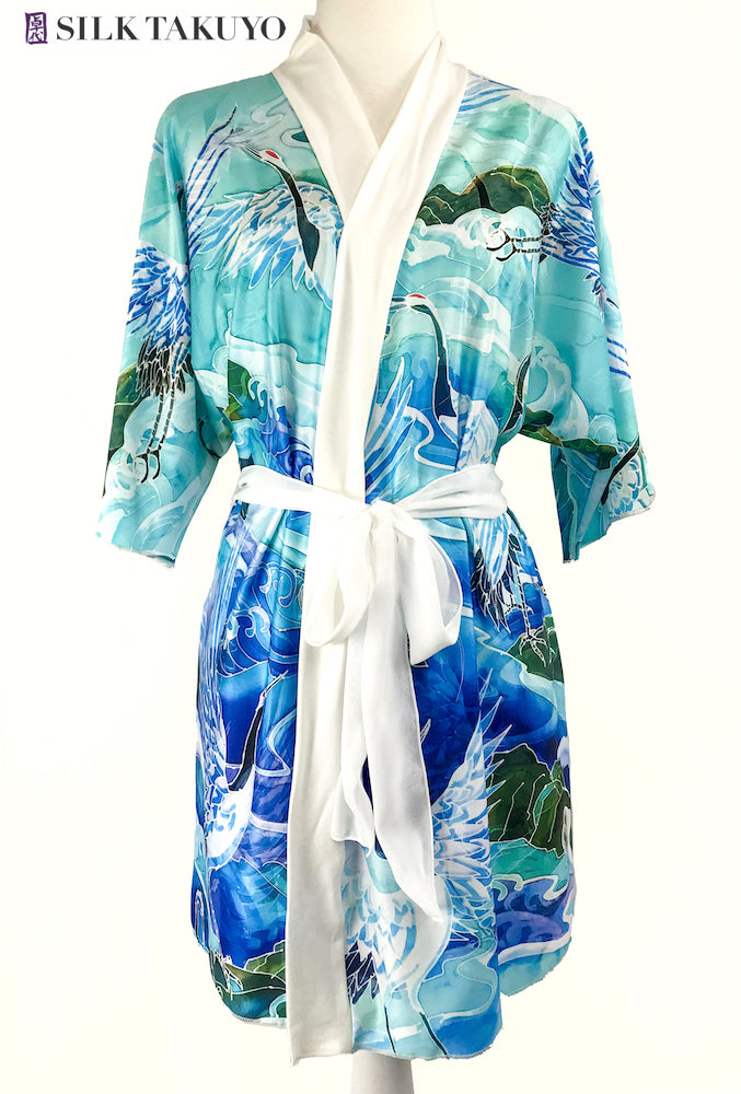 Kimono Robe Blue Ocean Crane Small / Medium / Silk Twill / Black