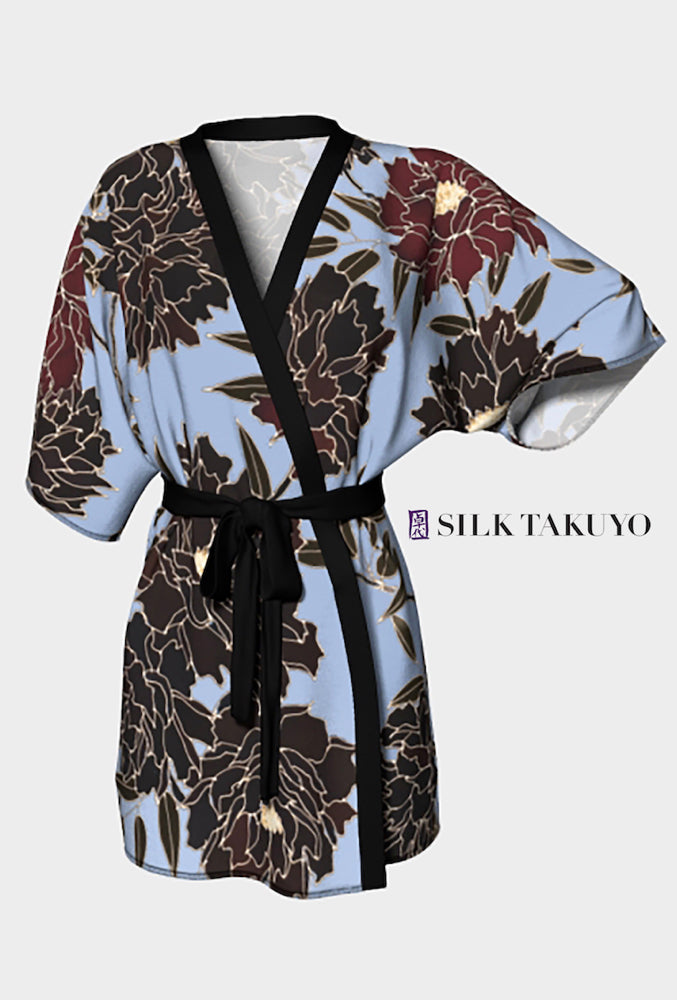 Kimono Robe Japanese Peony, Blue Gray Large / X-Large / Peachskin Jersey / Dark Gray