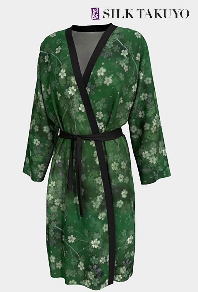 green emerald velvet dress Silk Takuyo Kimono Robe Long Matcha Green Cherry Blossom Small / Medium / Poly Chiffon / Black