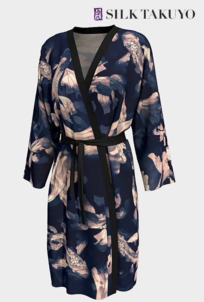 Long Kimono Robe Peignoir, Midnight Blue Koi Fish Large / X-Large / Poly Chiffon / Cream Long Kimono Robe Peignoir, Midnight Blue Koi Fish Large / X-Large / Poly Chiffon / Cream