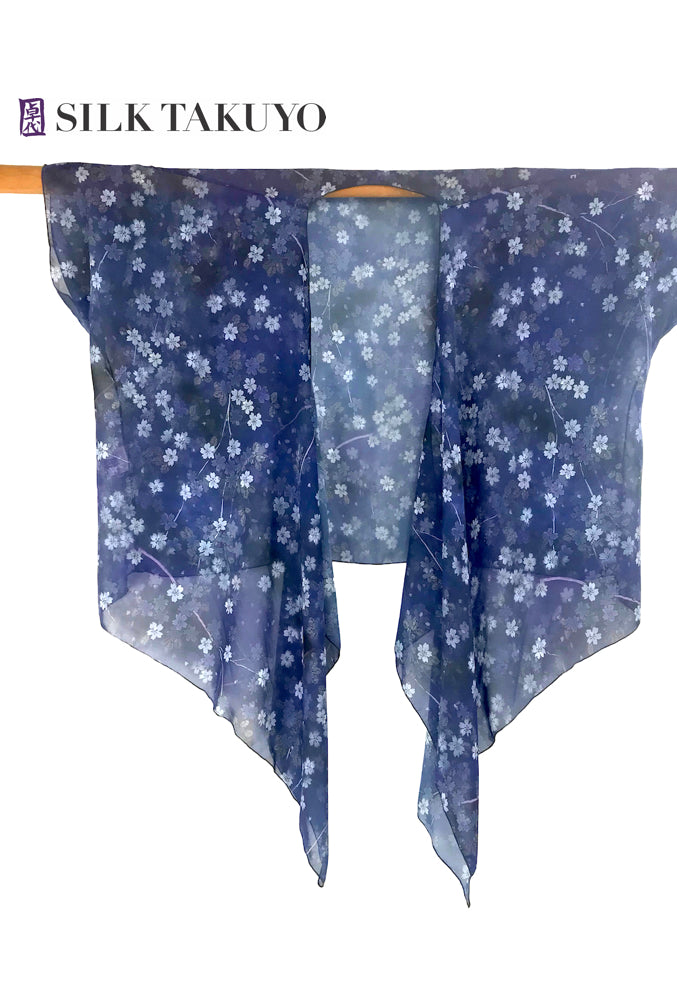 Silk TAKUYO Sheer Kimono Cardigan Blue Night Cherry Blossom Small Medium Poly Chiffon Without Fringe