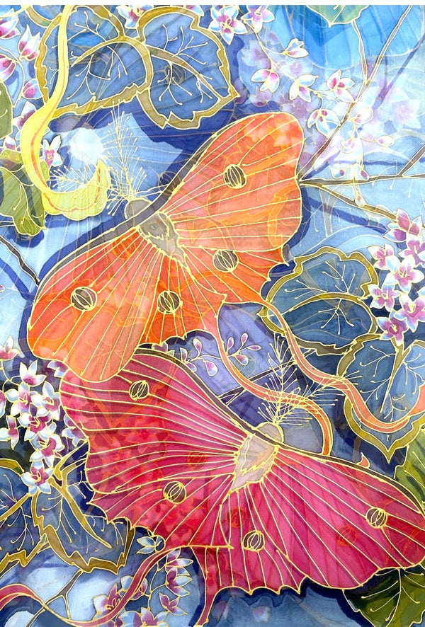 Hand Painted Silk Chiffon Shawl, Rainbow Luna Moth