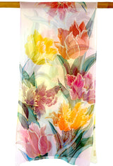 Hand Painted Silk Chiffon Shawl, Rainbow Tulip Flowers