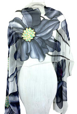 Premium Hand-Painted Silk Shawl Wrap | Navy Blue Flowers on White | 3 Small Butterflies | Elegant and Artistic