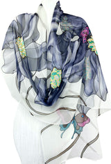 Premium Hand-Painted Silk Shawl Wrap | Navy Blue Flowers on White | 3 Small Butterflies | Elegant and Artistic