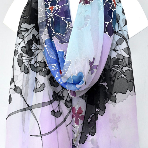 Hand painted Silk Scarf, Blue Silk Scarf, Silk Scarf Women, high quality Skinny Scarf, Japan Scarf, Japan Art, Pink Cherry Blossoms under the Blue Sky,