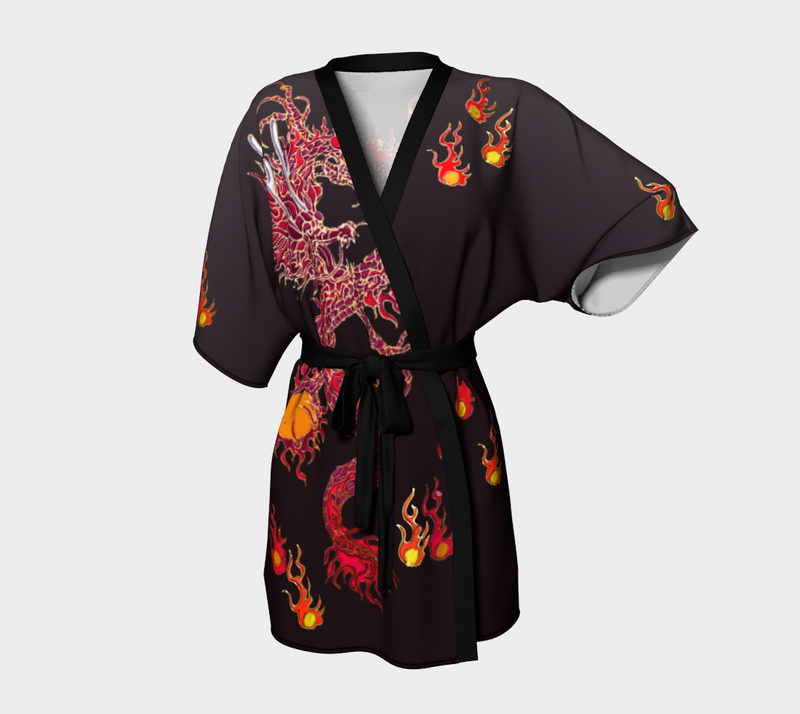 Japanese Kimono Robe Short, Red Dragon Rising