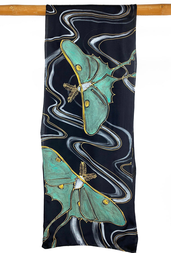 Black Silk Crepe de Chine Scarf, Hand Painted Luna Moth Moon Goddess