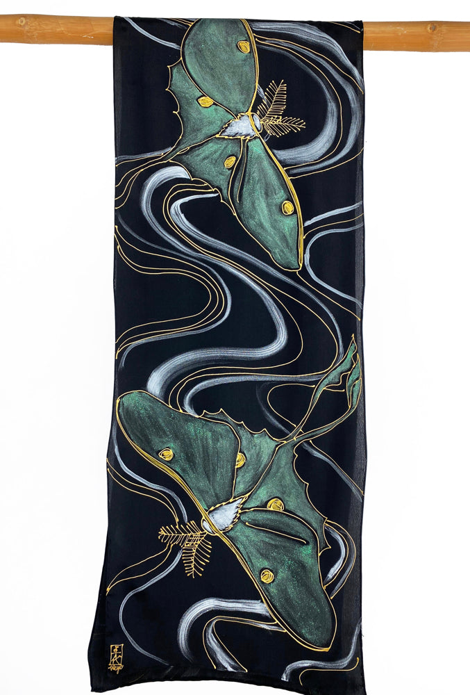 Black Silk Crepe de Chine Scarf, Hand Painted Luna Moth Moon Goddess