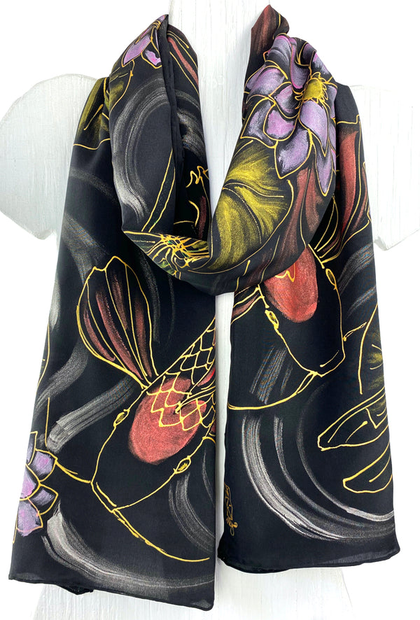 Black Silk Koi Scarf Hand Painted, Serenity Dragonfly Lotus Garden