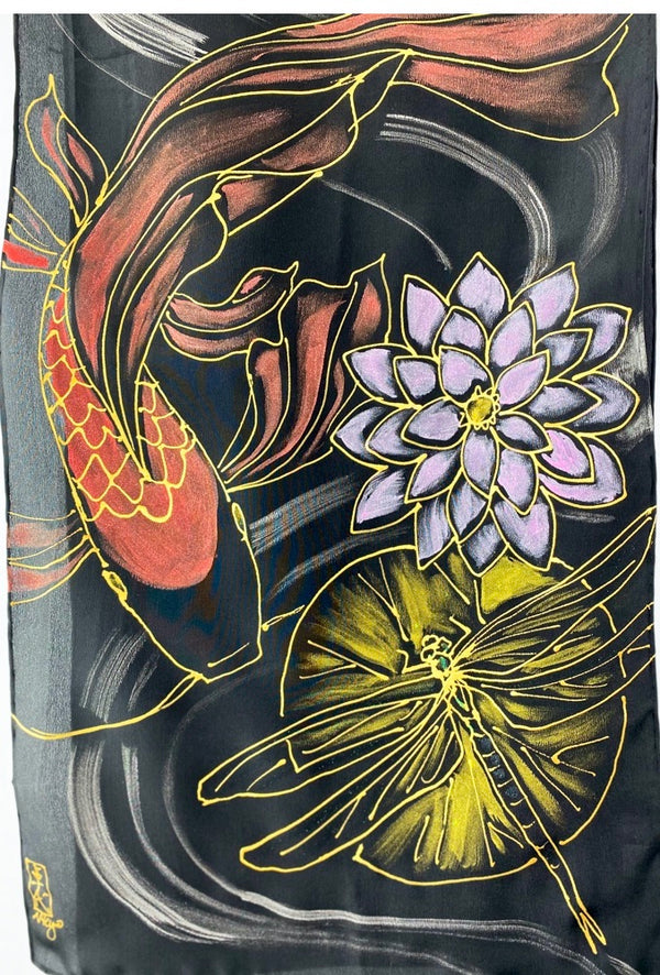 Black Silk Koi Scarf Hand Painted, Serenity Dragonfly Lotus Garden