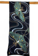 Black Silk Scarf Hand Painted, Green Luna Moth Moon Goddess