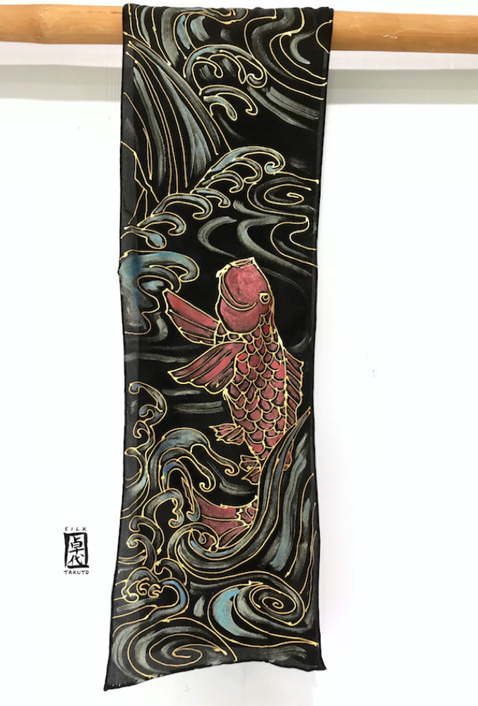 Black Silk Crepe Scarf, Leaping Red Koi