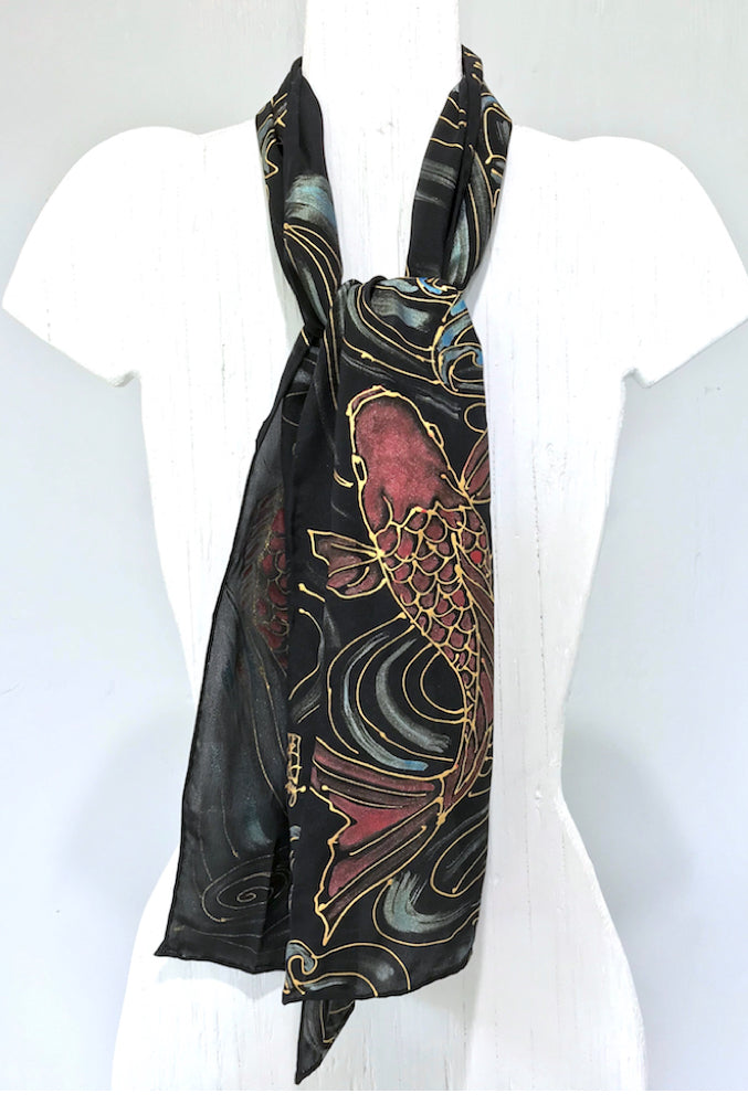 Black Silk Crepe Scarf, Leaping Red Koi