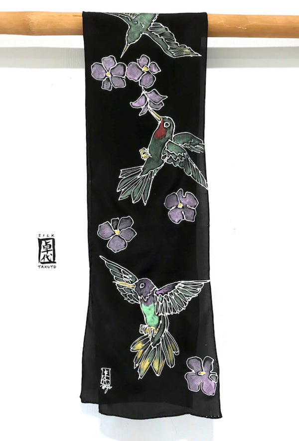 Black Silk Crepe Scarf, Spring Hummingbird Art