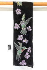 Black Silk Crepe Scarf, Spring Hummingbird Art