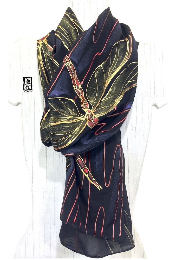 Black Silk Dragonfly Scarf in Gold and Red