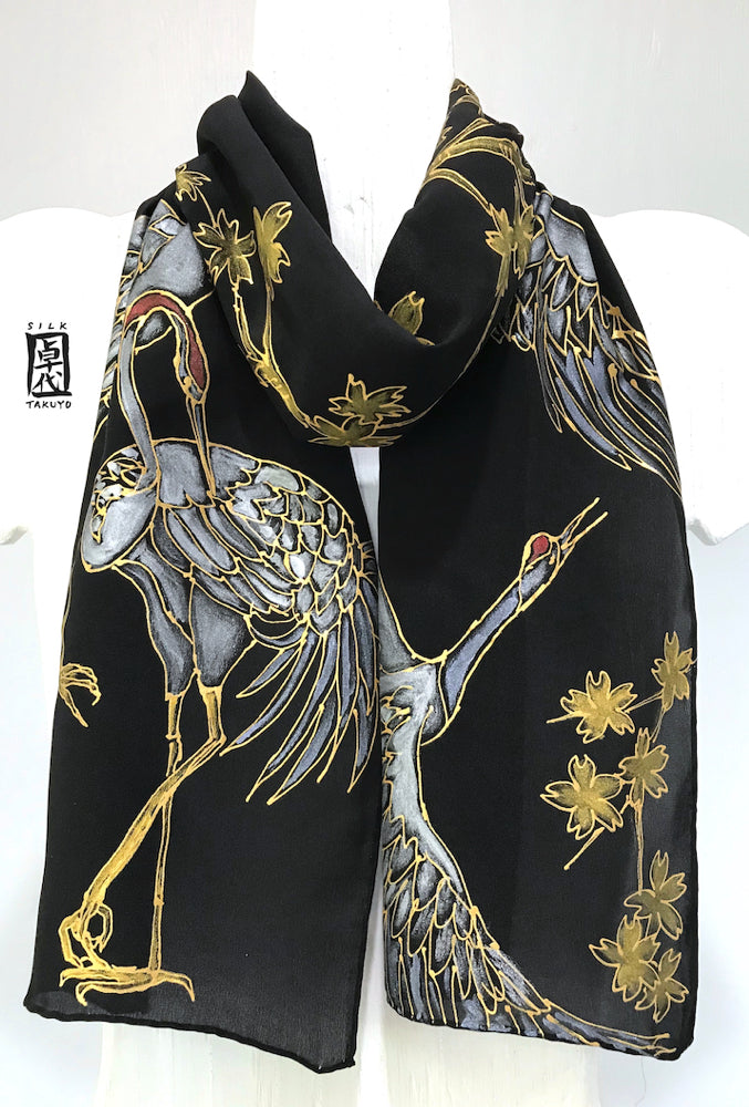 Black Silk Scarf, Crane and Cherry Blossom in Gold
