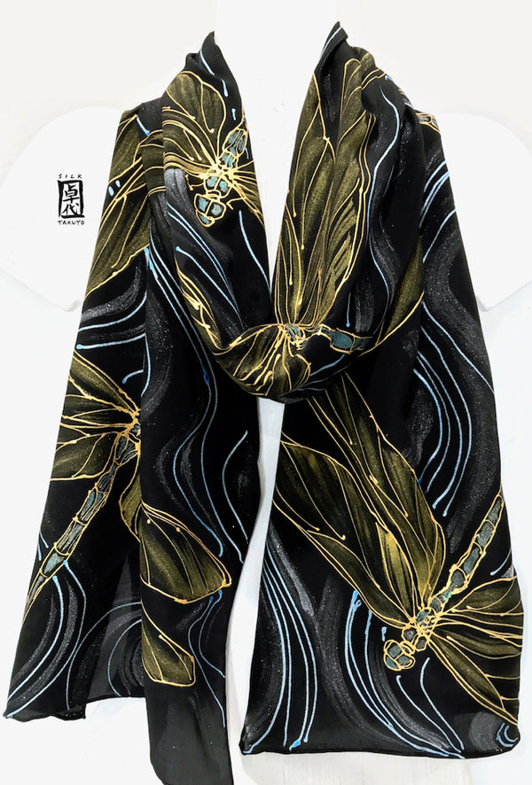 Black Silk Scarf, Dragonfly in Gold and Blue