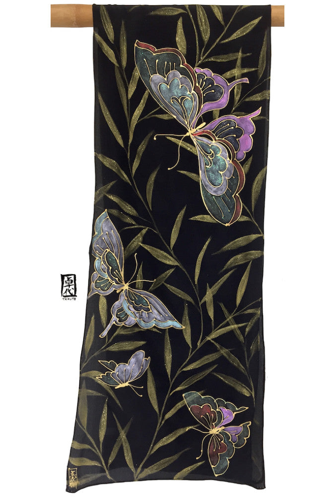 Black Silk Scarf, Gold Kimono Butterflies