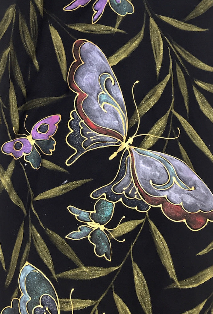 Black Silk Scarf, Gold Kimono Butterflies