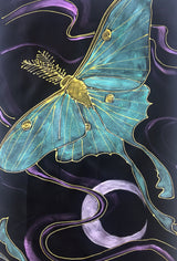 Black Silk Scarf, Green Luna Moth with Crescent Moon