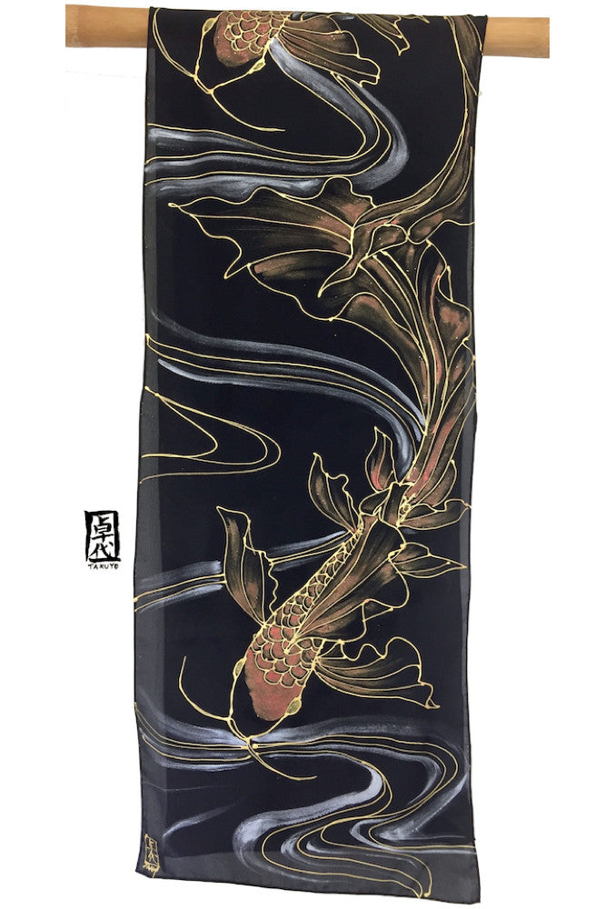 Black Silk Scarf, Japanese Gold Koi
