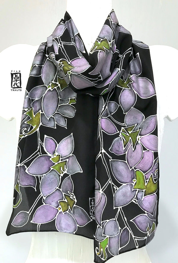 Black Silk Scarf, Orchid in Purple and Silver