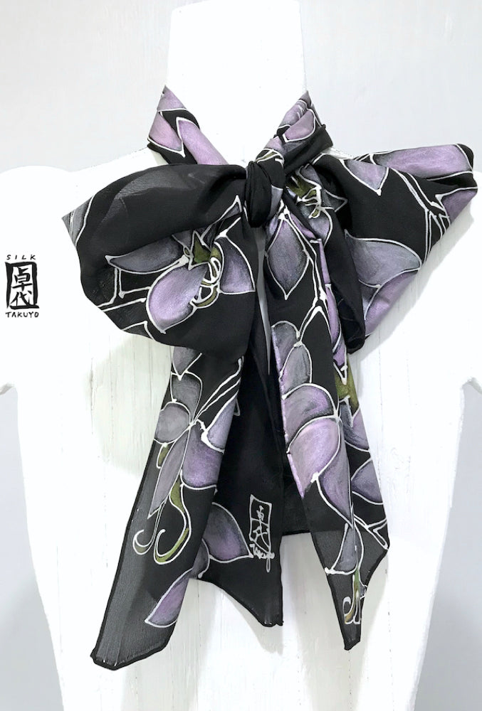 Black Silk Scarf, Orchid in Purple and Silver