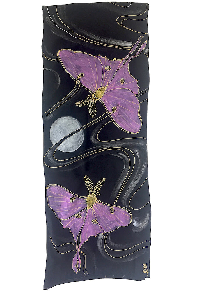 Black Silk Scarf, Pink Luna Moth and Full Moon