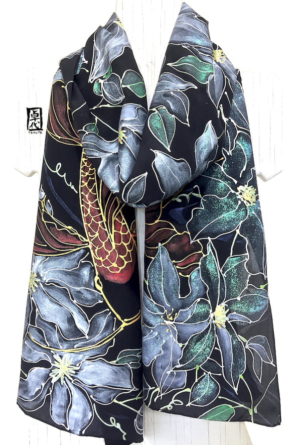 Black Silk Scarf, Red Koi and Clematis