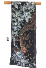 Black Silk Scarf, Red Koi and Clematis