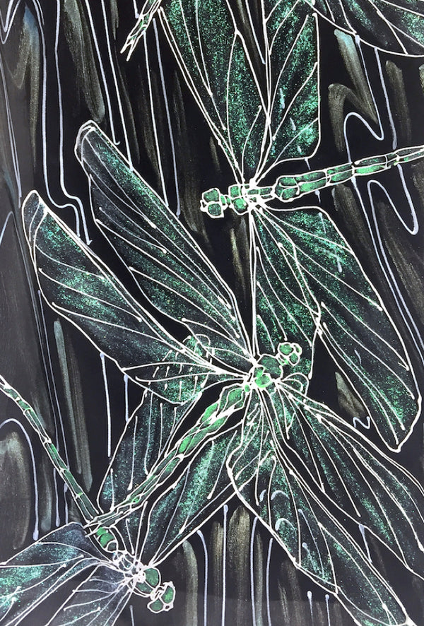 Black Small Silk Scarf, Silver and Green Dragonfly