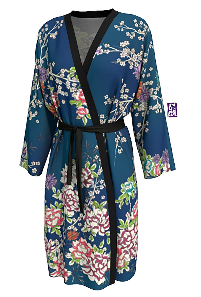 Blue Japanese Floral Long Kimono Robe – Silk Takuyo