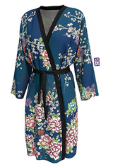 Blue Japanese Floral Long Kimono Robe