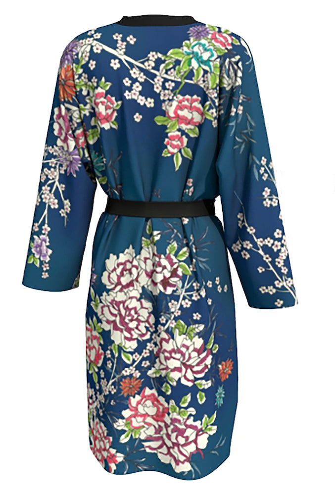 Blue Japanese Floral Long Kimono Robe