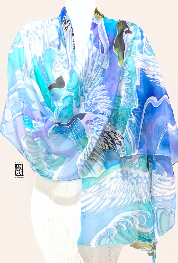 Blue Chiffon Silk Shawl Wrap, Japanese Crane and Blue Ocean Wave