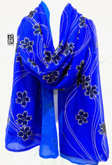 Blue Chiffon Silk Wrap, Black and Gold Cherry Blossom