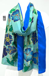 Reversible Silk Scarf, Blue and Green Morning Glory Vines