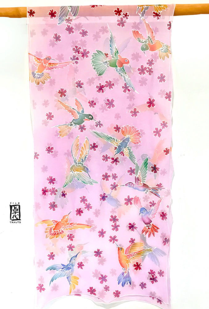 Chiffon Shawl, Pink Sakura Hummingbirds