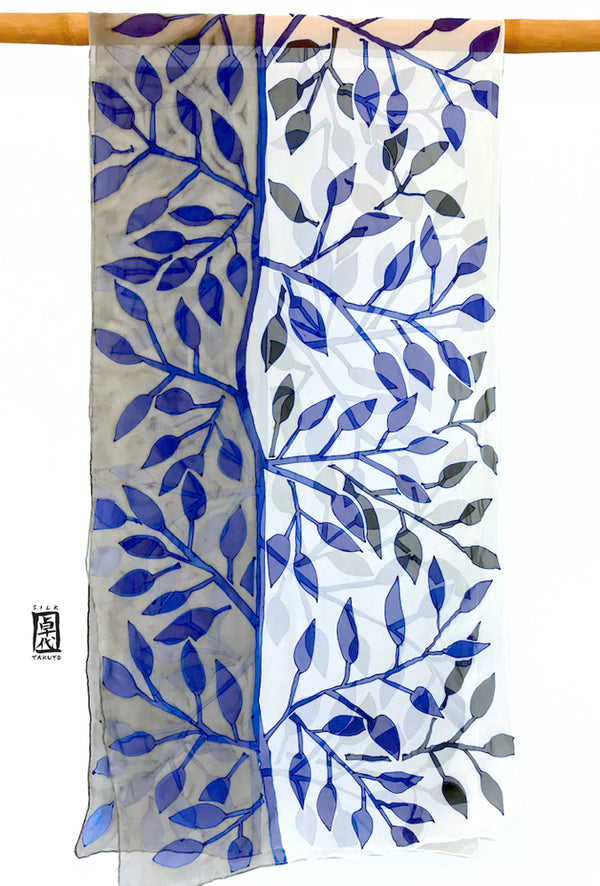 Chiffon Silk Shawl, Blue and White Woodcut Vines