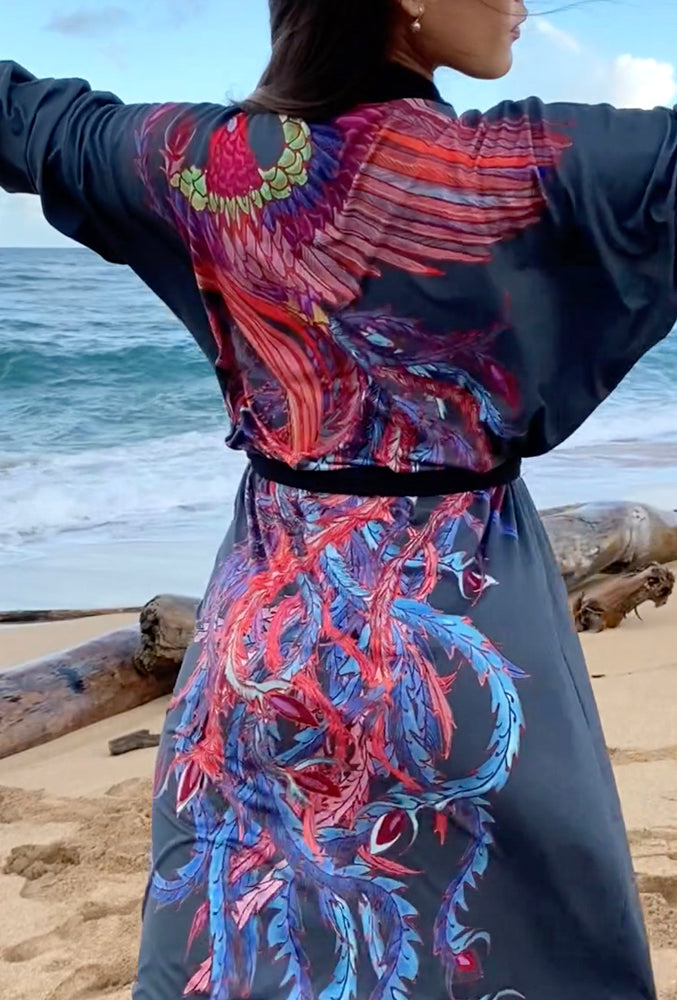 Phoenix Textile Robe Dark Gray Phoenix Long Kimono Robe – Silk Takuyo