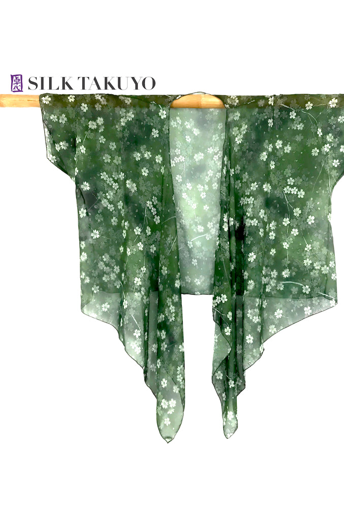 Draped Sheer Kimono, Night Sakura, Matcha Green