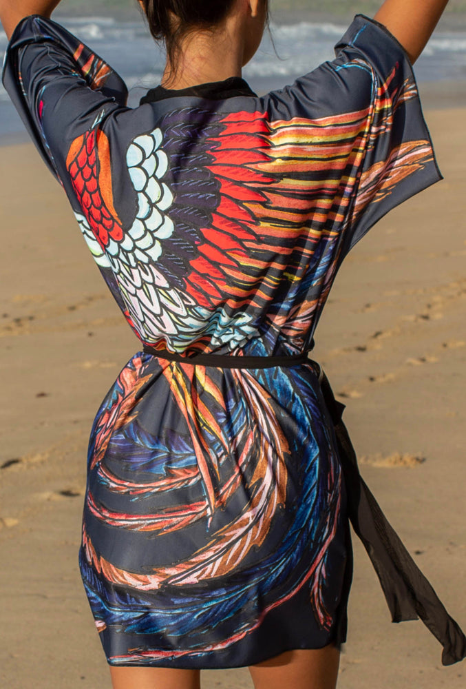 Gray Kimono Robe Phoenix Bird
